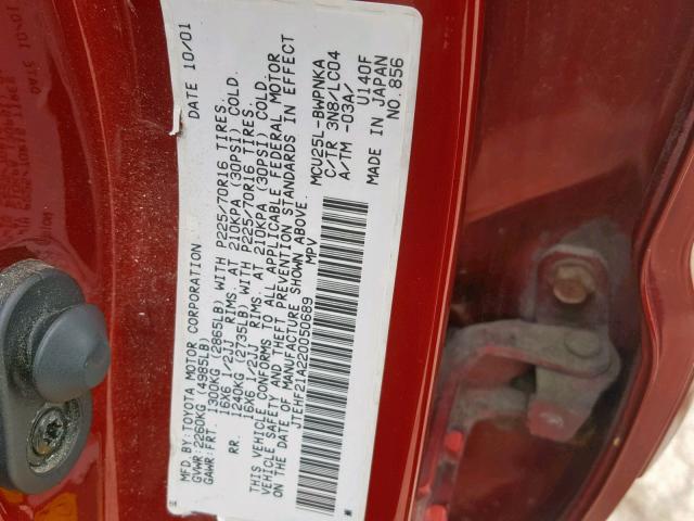 JTEHF21A220050689 - 2002 TOYOTA HIGHLANDER RED photo 10