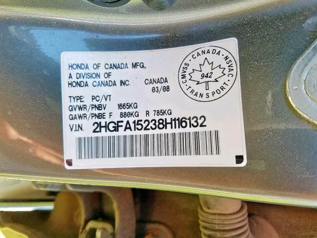 2HGFA15238H116132 - 2008 HONDA CIVIC DX GRAY photo 9