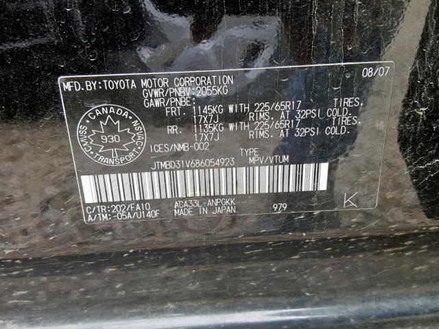 JTMBD31V686054923 - 2008 TOYOTA RAV4 LIMIT BLACK photo 10