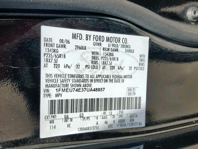 1FMEU74E37UA48857 - 2007 FORD EXPLORER E BLACK photo 10