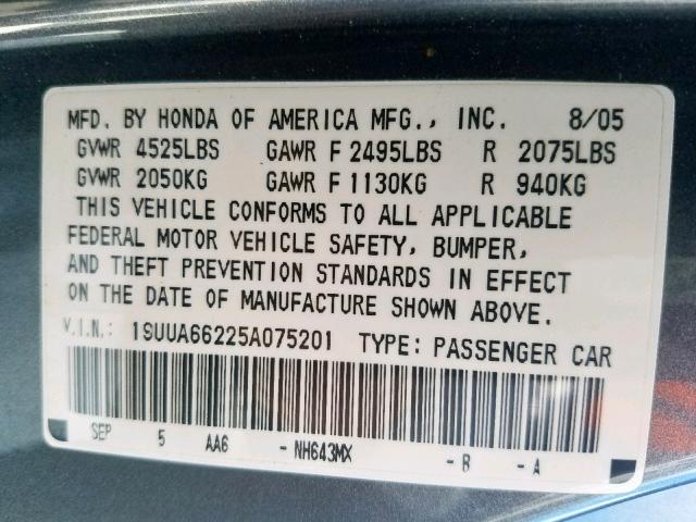 19UUA66225A075201 - 2005 ACURA TL GRAY photo 10