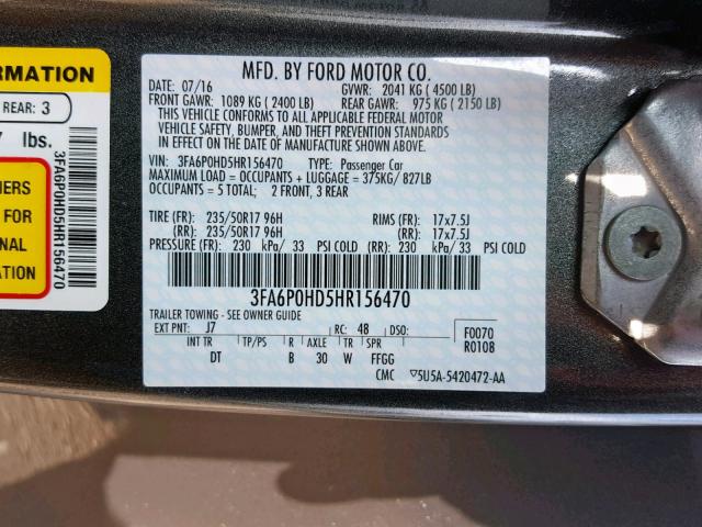 3FA6P0HD5HR156470 - 2017 FORD FUSION SE BLACK photo 10