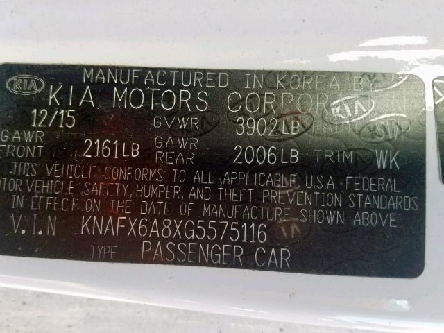 KNAFX6A8XG5575116 - 2016 KIA FORTE EX WHITE photo 10