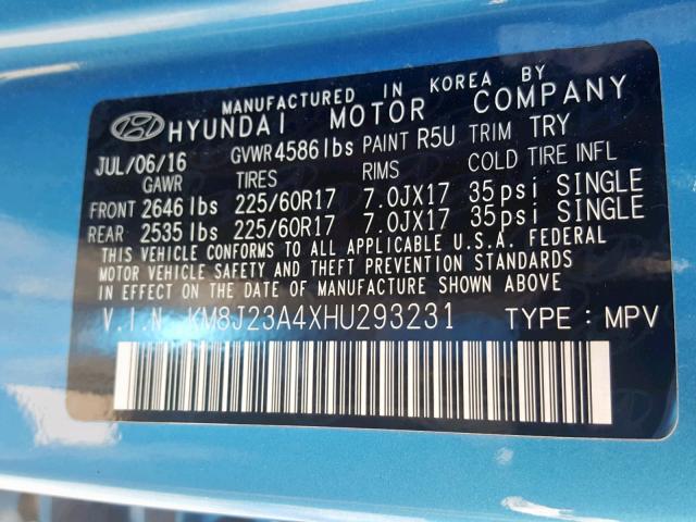 KM8J23A4XHU293231 - 2017 HYUNDAI TUCSON SE BLUE photo 10