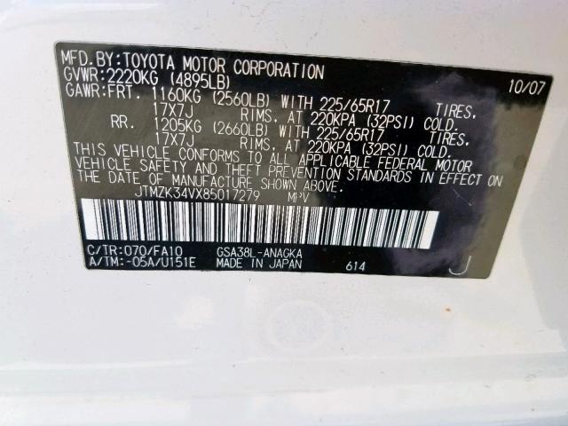 JTMZK34VX85017279 - 2008 TOYOTA RAV4 LIMIT WHITE photo 10