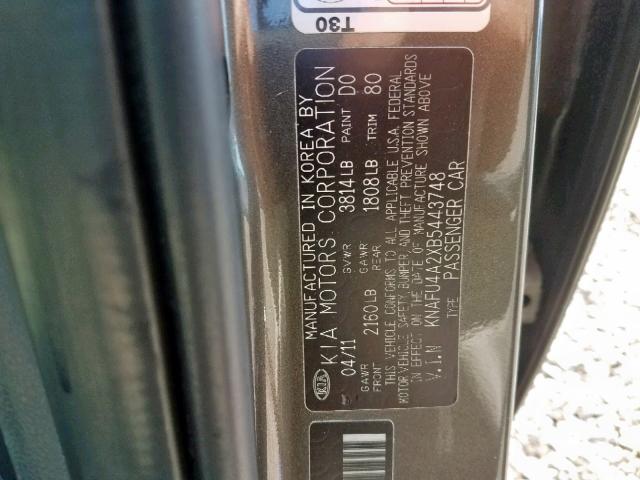 KNAFU4A2XB5443748 - 2011 KIA FORTE EX CHARCOAL photo 10