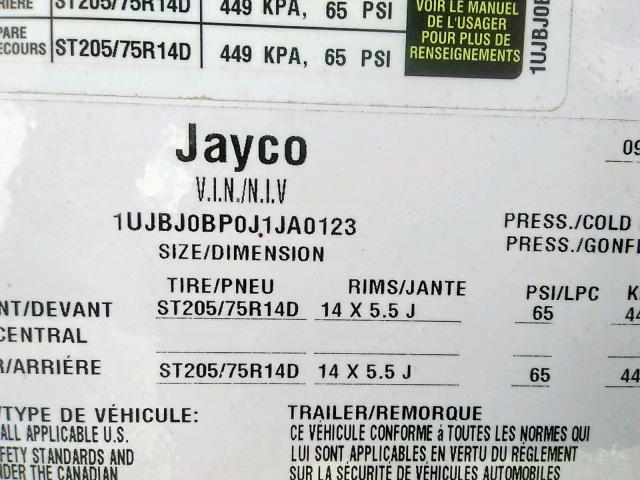 1UJBJ0BP0J1JA0123 - 2018 JAYCO JAYFLIGHT  WHITE photo 10