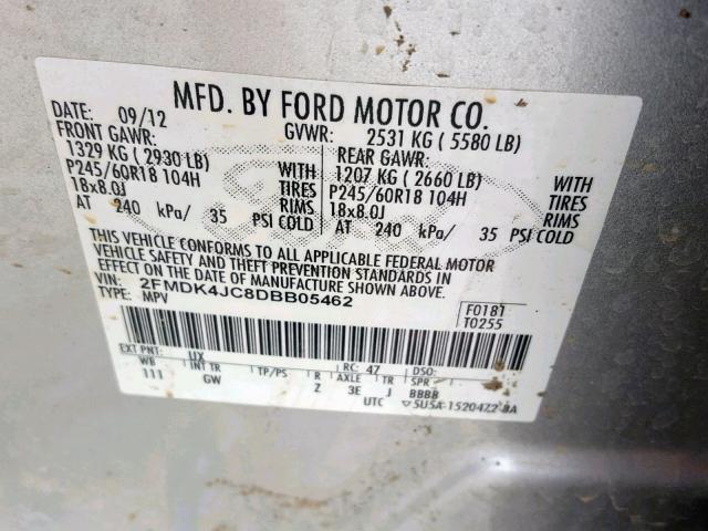 2FMDK4JC8DBB05462 - 2013 FORD EDGE SEL SILVER photo 10