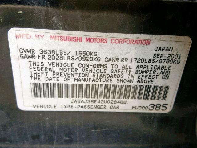 JA3AJ26E42U028488 - 2002 MITSUBISHI LANCER ES BLACK photo 10