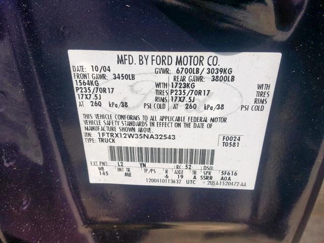 1FTRX12W35NA32543 - 2005 FORD F150 BLUE photo 10