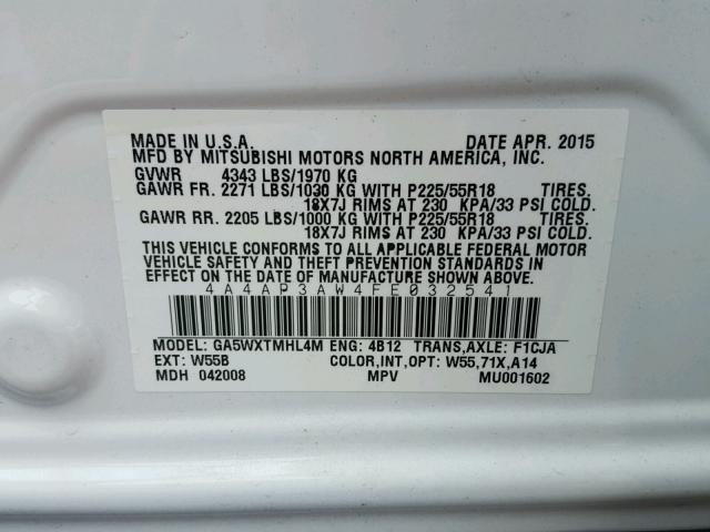 4A4AP3AW4FE032541 - 2015 MITSUBISHI OUTLANDER WHITE photo 10