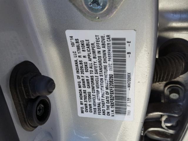 19XFB2F9XFE208280 - 2015 HONDA CIVIC EXL SILVER photo 10