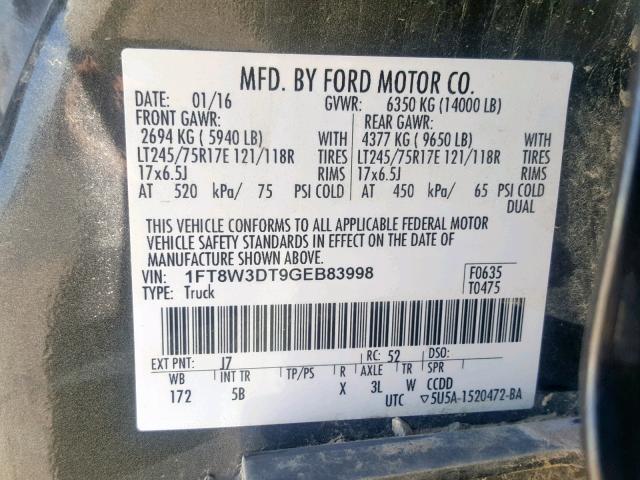 1FT8W3DT9GEB83998 - 2016 FORD F350 SUPER GRAY photo 10