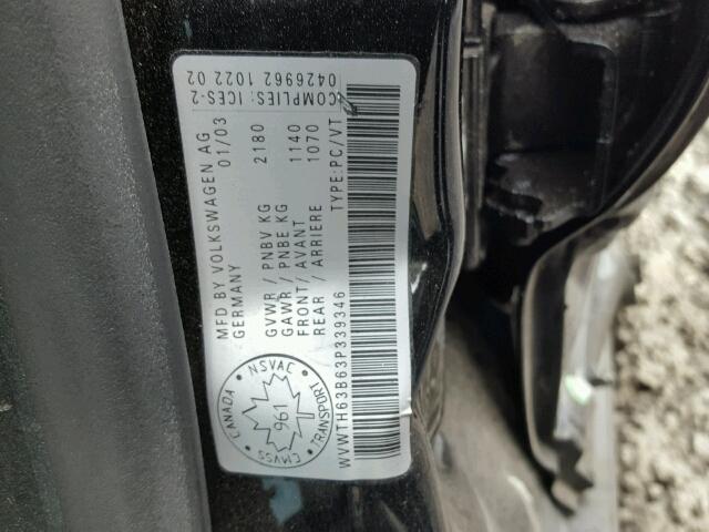 WVWTH63B63P339346 - 2003 VOLKSWAGEN PASSAT GLX 黑色 照片 10