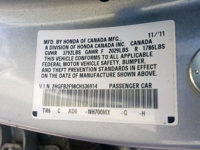 2HGFB2F98CH536914 - 2012 HONDA CIVIC EXL Gümüş foto 10