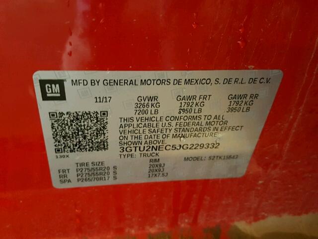 3GTU2NEC5JG229332 - 2018 GMC SIERRA K15 RED photo 10