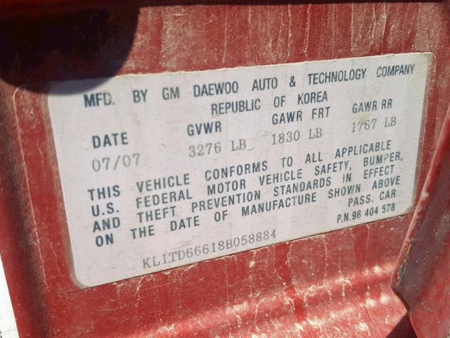 KL1TD66618B058884 - 2008 CHEVROLET AVEO BASE Қызыл фото 10