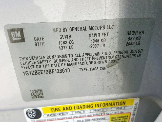 1G1ZB5E13BF123610 - 2011 CHEVROLET MALIBU LS Gümüş foto 10