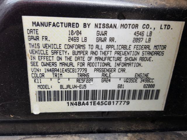 1N4BA41E45C817779 - 2005 NISSAN MAXIMA SE GRAY photo 10