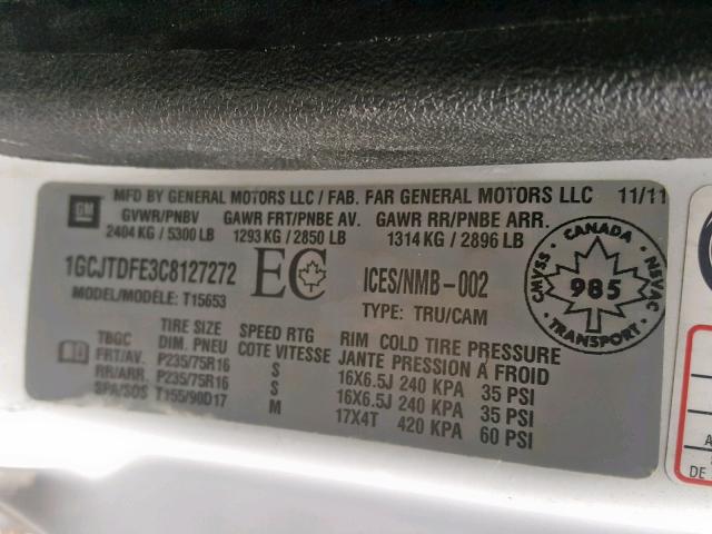 1GCJTDFE3C8127272 - 2012 CHEVROLET COLORADO L WHITE photo 10