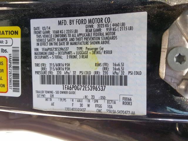 1FA6P0G72E5396537 - 2014 FORD FUSION S BLACK photo 10