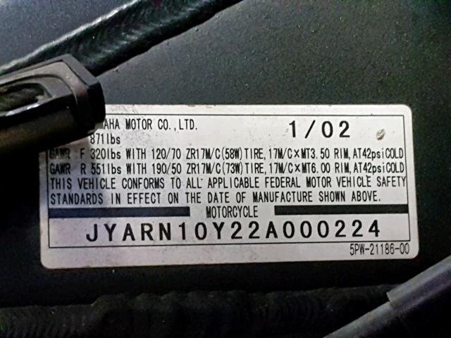 JYARN10Y22A000224 - 2002 YAMAHA YZFR1 BLUE photo 10