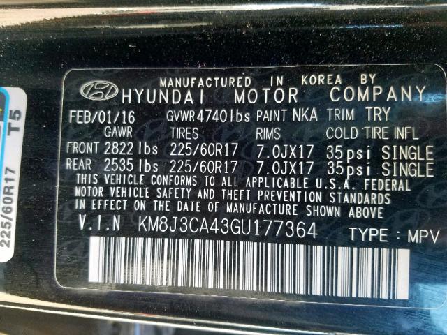 KM8J3CA43GU177364 - 2016 HYUNDAI TUCSON LIM BLACK photo 10