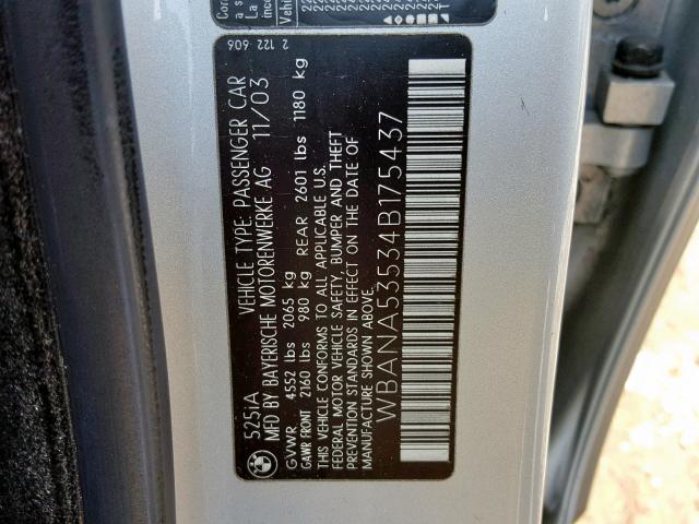 WBANA53534B175437 - 2004 BMW 525 I SILVER photo 10