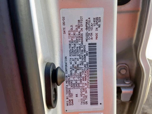 JTEGF21A220062482 - 2002 TOYOTA HIGHLANDER SILVER photo 10