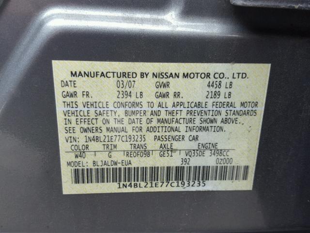 1N4BL21E77C193235 - 2007 NISSAN ALTIMA 3.5 GRAY photo 10