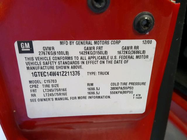 1GTEC14W41Z211376 - 2001 GMC NEW SIERRA RED photo 10