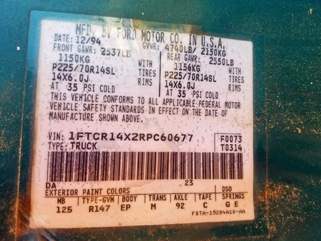 1FTCR14X2RPC60677 - 1994 FORD RANGER SUP GREEN photo 10