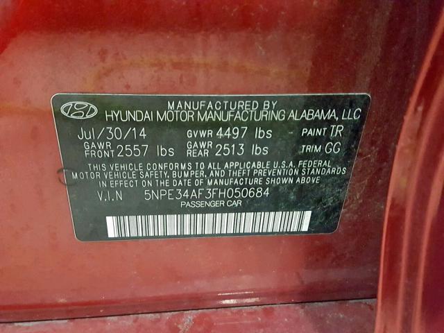 5NPE34AF3FH050684 - 2015 HYUNDAI SONATA SPO RED photo 10