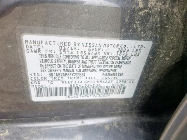 3N1AB7AP6FY230534 - 2015 NISSAN SENTRA S CHARCOAL photo 10