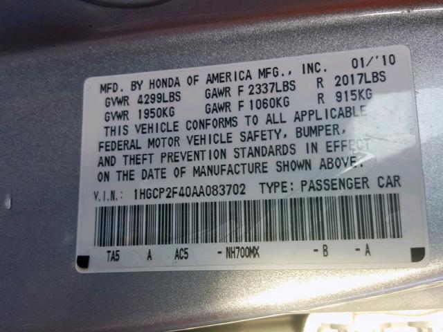 1HGCP2F40AA083702 - 2010 HONDA ACCORD LXP SILVER photo 10