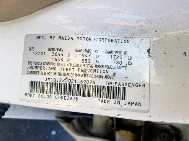 JM1BJ225021569096 - 2002 MAZDA PROTEGE DX WHITE photo 10