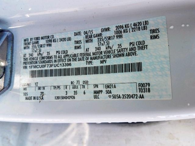 1FMCU0F73FUC13396 - 2015 FORD ESCAPE S WHITE photo 10