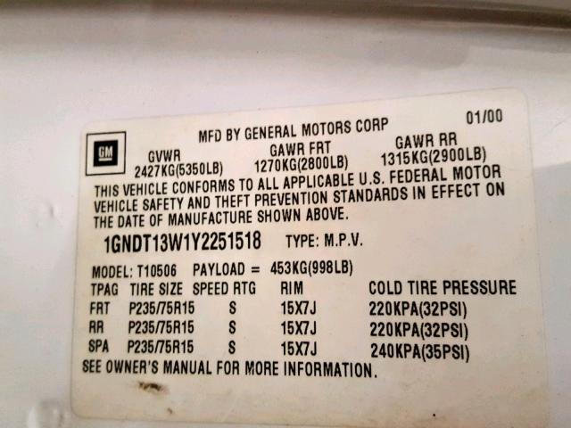 1GNDT13W1Y2251518 - 2000 CHEVROLET BLAZER WHITE photo 10