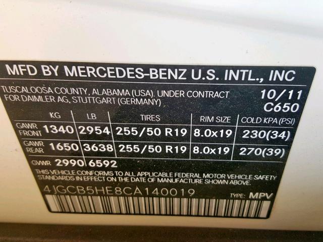 4JGCB5HE8CA140019 - 2012 MERCEDES-BENZ R 350 4MAT WHITE photo 10