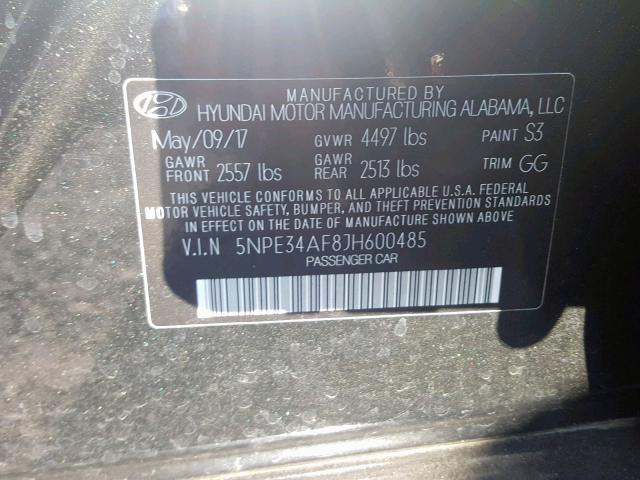 5NPE34AF8JH600485 - 2018 HYUNDAI SONATA SPO BLACK photo 10