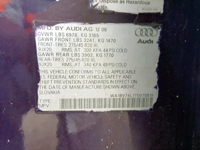 WA1BV74L17D070515 - 2007 AUDI Q7 4.2 QUA PURPLE photo 10