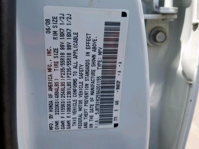 5J8TB18259A001155 - 2009 ACURA RDX WHITE photo 10