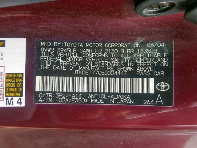 JTKDE177050004447 - 2005 TOYOTA SCION TC იასამნისფერი ფოტო 10