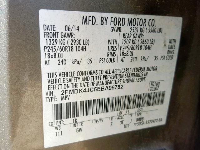 2FMDK4JC5EBA95782 - 2014 FORD EDGE SEL BEIGE photo 10