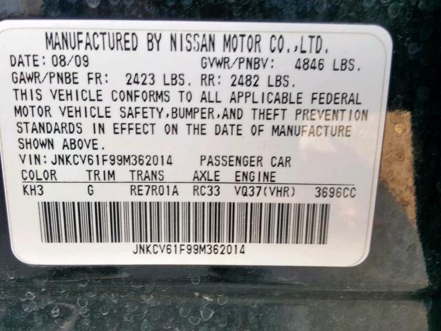 JNKCV61F99M362014 - 2009 INFINITI G37 BLACK photo 10