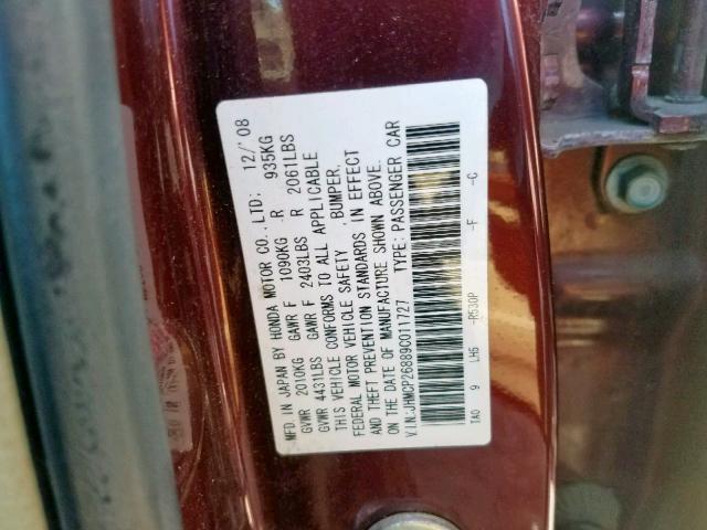 JHMCP26889C011727 - 2009 HONDA ACCORD EXL BURGUNDY photo 10