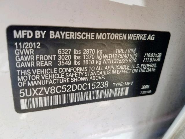 5UXZV8C52D0C15238 - 2013 BMW X5 XDRIVE5 WHITE photo 10