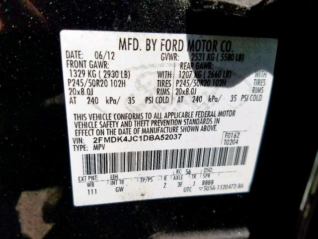 2FMDK4JC1DBA52037 - 2013 FORD EDGE SEL BLACK photo 10