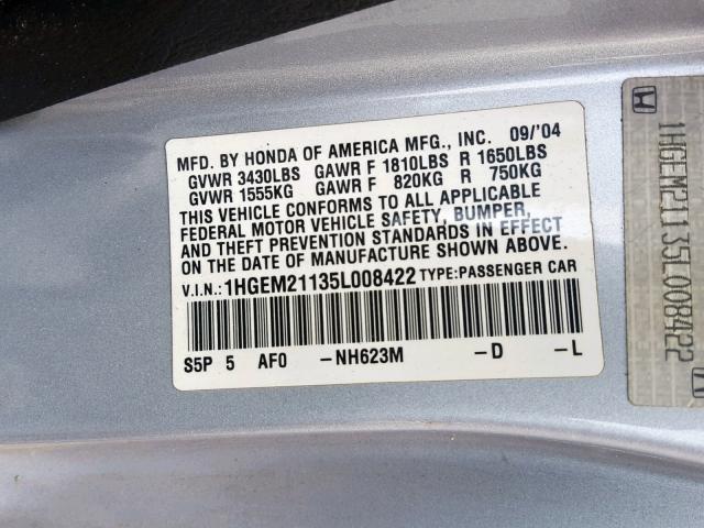 1HGEM21135L008422 - 2005 HONDA CIVIC DX V GRAY photo 10