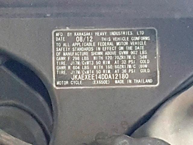 JKAEXEE14DDA12180 - 2013 KAWASAKI EX650 E BLACK photo 10